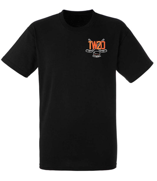 TW20 Testimonial Black Tee Small logo
